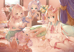 Rule 34 | 4girls, :d, :o, arm warmers, blonde hair, blue eyes, book, bow, breasts, brown eyes, flat chest, flower, food, glass slipper, green eyes, green skirt, hair bow, highres, indoors, leaning forward, long hair, lying, macaron, medium breasts, multiple girls, on back, on bed, open mouth, original, pillow, pink hair, school uniform, shoes, unworn shoes, short ponytail, short twintails, skirt, smile, standing, striped, striped bow, teapot, thiana0225, thighhighs, tiered tray, twintails, vase, white legwear, window