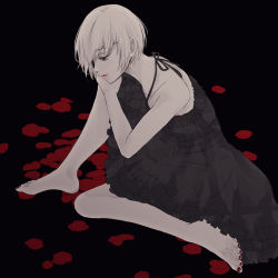 Rule 34 | 1girl, absurdres, bad id, bad pixiv id, bare arms, bare shoulders, black background, black dress, commentary request, dress, eyepatch, frilled dress, frills, from side, highres, knee up, layered dress, limited palette, mutsuki tooru, nail polish, petals, red nails, short hair, sitting, sleeveless, solo, toenail polish, toenails, tokyo ghoul, tokyo ghoul:re, toukaairab