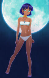 Rule 34 | 1girl, absurdres, arms at sides, bandeau, bare shoulders, blue background, blue gemstone, blunt bangs, blunt ends, blush, bob cut, breasts, closed mouth, collarbone, commentary, curled fingers, dark, dark-skinned female, dark skin, earrings, full body, full moon, fushigi no umi no nadia, gem, gold bracelet, green eyes, hair ornament, hairclip, highres, hoop earrings, jewelry, legs, light blush, light smile, loincloth, looking at viewer, maruyama musashi, midriff, moon, nadia la arwall, navel, neck ring, necklace, night, night sky, pendant, purple hair, short hair, sky, small breasts, solo, spread legs, standing, toes, underboob, white bandeau