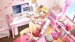 Rule 34 | 1girl, bare shoulders, barefoot, blonde hair, butterfly hair ornament, cellphone, computer, computer tower, cushion, desk, dolphin wave, fang, feet out of frame, game cg, green eyes, gyaru, hair ornament, highres, holding, holding phone, indoors, izumi kiri, jewelry, keyboard (computer), midriff, monitor, navel, necklace, off-shoulder shirt, off shoulder, official art, phone, pink shirt, pink skirt, plaid, plaid skirt, shirt, side ponytail, sidelocks, sitting, skirt, smartphone, solo, stuffed animal, stuffed toy, swivel chair, teddy bear, wavy hair