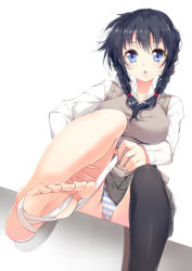Rule 34 | 1girl, bad id, bad pixiv id, barefoot, between toes, black hair, black thighhighs, blue eyes, blush, braid, breasts, feet, hair over shoulder, large breasts, long sleeves, open mouth, original, panties, pantyshot, single thighhigh, sitting, skirt, soles, solo, striped clothes, striped panties, sweater vest, thighhighs, toes, twin braids, underwear, upskirt, yappen, yatsu (sasuraino)
