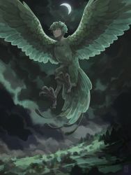 Rule 34 | 1boy, crescent moon, driftwoodwolf, fantasy, feathered wings, from below, full body, grass, green hair, green theme, green wings, harpy boy, male focus, monster boy, moon, night, night sky, nude, original, short hair, sky, solo, talons, wings