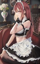 Rule 34 | 1girl, absurdres, apron, arm strap, bare arms, black pantyhose, blush, brown pantyhose, collar, couch, crop top, ear piercing, earrings, fireplace, flower, frilled skirt, frills, from side, hair between eyes, hand on own face, highres, indoors, jewelry, looking at viewer, maid, maid apron, maid headdress, midriff, nail polish, navel, on couch, original, pantyhose, parted lips, picture frame, piercing, red eyes, red hair, red nails, shirt, sidelocks, sitting, skirt, sleeveless, sleeveless shirt, solo, straight hair, vase, white apron, white collar, wrist cuffs, yamikyon