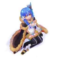 Rule 34 | 1girl, black legwear, black wings, blue hair, blue wings, bow, braid, brown cape, brown dress, cape, closed mouth, commentary request, dress, flower, full body, fur-trimmed cape, fur-trimmed dress, fur trim, garter straps, gold trim, hair bow, hair flower, hair ornament, head wings, highres, looking at viewer, manoji, official alternate costume, ragnarok online, red cape, sandals, short dress, side braid, simple background, single braid, sitting, smile, solo, two-sided cape, two-sided fabric, two-tone dress, two-tone legwear, two-tone wings, warlock (ragnarok online), white background, white bow, white dress, white flower, wings, yellow eyes, yellow footwear, yokozuwari