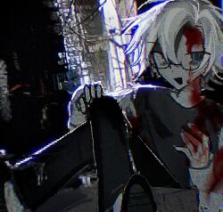 Rule 34 | 1boy, black pants, black shirt, blood, blood on clothes, blood on face, blood on hands, blue eyes, chinese commentary, colored skin, commentary request, film grain, glasses, glitch, hand on own knee, hand up, kanou aogu, lab coat, male focus, pants, saibou shinkyoku, semi-rimless eyewear, shirt, short hair, sitting, solo, tiegeban, white hair, white skin