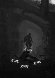 Rule 34 | 1boy, armor, artist name, blood, boots, dark souls (series), from behind, greyscale, helm, helmet, highres, holding, holding shield, holding sword, holding weapon, knight, monochrome, outdoors, pool of blood, shield, solo, sword, tripdancer, watermark, weapon