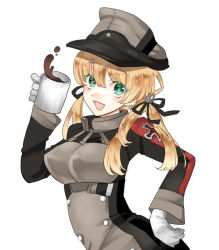 Rule 34 | 10s, 1girl, :d, anchor hair ornament, aqua eyes, arched back, bad id, bad pixiv id, black ribbon, blonde hair, coffee, colored eyelashes, cross, cup, drink, gloves, hair ornament, hair ribbon, hand on own hip, hat, holding, iron cross, kantai collection, long hair, long sleeves, military, military uniform, mug, open mouth, peaked cap, prinz eugen (kancolle), ribbon, simple background, smile, solo, twintails, uniform, white background, white gloves, yuzu maki, yuzumaki (pon)