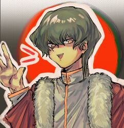 1boy bright_pupils coat commentary fur_coat goushen0309 green_hair hair_between_eyes hand_up highres kaiba_seto long_bangs looking_at_viewer male_focus mandarin_collar notice_lines open_mouth red_coat shirt short_hair smile solo symbol-only_commentary teeth upper_body upper_teeth_only white_pupils white_shirt yellow_eyes yu-gi-oh! yu-gi-oh!_(toei)