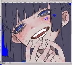 Rule 34 | 1girl, art program in frame, black hair, blue background, blue eyes, blunt bangs, blush, close-up, commentary request, fangs, half-closed eyes, hands up, head tilt, heart, heart-shaped pupils, highres, hime cut, long hair, n/fa (riyoufuka403), nervous sweating, nijisanji, open mouth, own hands together, portrait, simple background, smile, solo, sweat, symbol-shaped pupils, teeth, thick eyelashes, tsukino mito, virtual youtuber