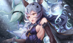 Rule 34 | 1girl, animal ears, bare shoulders, black cape, black gloves, blue hair, breasts, cape, curly hair, dress, elbow gloves, erune, feather-trimmed gloves, ferry (granblue fantasy), floating hair, ghost, gloves, granblue fantasy, hair ornament, highres, long hair, looking to the side, medium breasts, ohihil, open mouth, sideboob, sleeveless, sleeveless dress, teeth, upper body, upper teeth only, very long hair, x hair ornament, yellow eyes