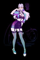 Rule 34 | 1girl, absurdres, black background, claws, earrings, evelynn (league of legends), female focus, full body, grey hair, high heels, highres, jacket, jewelry, k/da (league of legends), league of legends, lips, lipstick, long hair, looking at viewer, makeup, manda schank, open clothes, open jacket, purple lips, simple background, skirt, solo, thighhighs, yellow eyes