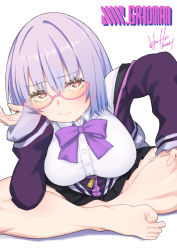 Rule 34 | 1girl, :/, bare legs, barefoot, black skirt, blush, bow, bowtie, breasts, closed mouth, copyright name, dutch angle, feet, glasses, gridman universe, highres, hori shin, indian style, large breasts, leaning forward, long sleeves, looking at viewer, pink eyes, pleated skirt, purple bow, purple bowtie, semi-rimless eyewear, shinjou akane, shirt, short hair, signature, silver hair, simple background, sitting, skirt, sleeves past wrists, solo, ssss.gridman, tinted eyewear, toes, white background, white shirt, yellow-tinted eyewear, yellow-tinted glasses