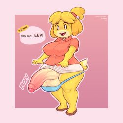 Rule 34 | 0 0, 1girl, animal crossing, animal ears, bell, blonde hair, blush stickers, breasts, buckteeth, covered erect nipples, curvy, dog ears, dog tail, erection, foreskin, frumples, furry, futanari, huge penis, isabelle (animal crossing), jingle bell, large breasts, large testicles, looking down, nintendo, open mouth, panties, penis, phimosis, purple background, shirt, shoes, skirt, smile, speech bubble, standing, tail, testicles, thick thighs, thighs, topknot, uncensored, underwear, wardrobe malfunction, white eyes, wide hips, worried