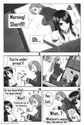 Rule 34 | 2girls, bad id, bad pixiv id, breasts, caitlyn (league of legends), cigarette, cleavage, comic, cuffs, english text, greyscale, handcuffs, highres, league of legends, long hair, medium breasts, monochrome, multiple girls, oldlim, smoking, vi (league of legends)