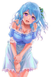 Rule 34 | 1girl, absurdres, bang dream!, blue dress, blue hair, breasts, cleavage, dress, elocca, green ribbon, highres, hunched over, large breasts, light blue hair, long hair, looking down, matsubara kanon, one side up, open mouth, purple eyes, ribbon
