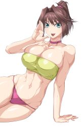 Rule 34 | 1girl, alternate breast size, arm support, bare legs, bare shoulders, barefoot, blue eyes, breasts, brown hair, choker, commentary request, feet out of frame, hand up, highres, large breasts, linea alba, mazaki anzu, medium hair, navel, open mouth, ozaneko, panties, ponytail, purple choker, purple panties, simple background, skindentation, sleeveless, smile, solo, strapless, sweat, toned, tube top, underwear, white background, yu-gi-oh!, yu-gi-oh! duel monsters, yu-gi-oh! the dark side of dimensions