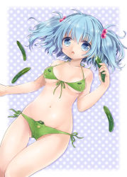 Rule 34 | 1girl, bad id, bad pixiv id, bikini, blue eyes, blue hair, breasts, cucumber, female focus, front-tie top, hair bobbles, hair ornament, kappa, kawashiro nitori, kona (canaria), matching hair/eyes, navel, open mouth, polka dot, polka dot background, short twintails, side-tie bikini bottom, small breasts, solo, swimsuit, touhou, twintails, two side up, underboob