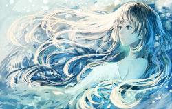 Rule 34 | 1girl, bare shoulders, blue theme, breasts, commentary request, dress, floating hair, long hair, looking away, medium breasts, original, parted lips, sakimori (hououbds), smile, solo, white dress