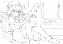 Rule 34 | 1girl, :d, ascot, blush stickers, bobby socks, calendar (object), collar, collared shirt, crystal, fang, flandre scarlet, frilled skirt, frilled socks, frills, full body, graphite (medium), greyscale, hair between eyes, hand on own knee, hat, highres, indoors, jewelry box, laevatein, legs, looking at viewer, mahiro (akino-suisen), mob cap, monochrome, open mouth, pectorals, petticoat, pillow, puffy short sleeves, puffy sleeves, shirt, short hair, short sleeves, sitting, skirt, skirt set, smile, socks, solo, touhou, traditional media, vest, window, wings