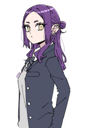 Rule 34 | 1girl, black bow, black bowtie, black jacket, bow, bowtie, brown eyes, collared shirt, commentary request, ear piercing, earrings, grey sweater, hair bun, highres, jacket, jewelry, long hair, looking at viewer, open clothes, open jacket, original, piercing, purple hair, sakashima 0822, school uniform, shirt, sidelocks, signature, simple background, solo, sweater, upper body, white background, white shirt
