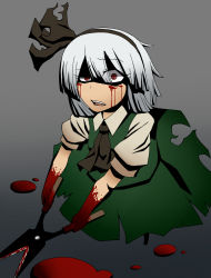 Rule 34 | ascot, blood, blood on face, blood splatter, green skirt, hair ribbon, headband, hedge clippers, highres, kuri dora, looking at viewer, red eyes, ribbon, skirt, torn clothes, white hair