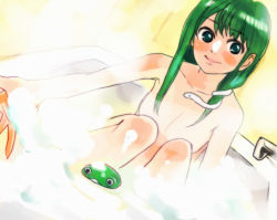 Rule 34 | 1girl, armpits, bath, bathing, bathtub, blue eyes, blush, blush stickers, breasts, bubble bath, convenient censoring, convenient leg, dutch angle, eyebrows, faucet, female focus, foam, frog hair ornament, green hair, hair ornament, unworn hair ornament, indoors, knees up, kochiya sanae, kuma (artist), kuma (crimsonvanilla), lips, long hair, looking at viewer, nude, outstretched arm, outstretched arms, partially submerged, sidelocks, sitting, sketch, small breasts, smile, snake hair ornament, soap bubbles, solo, steam, tile wall, tiles, touhou, toy, water