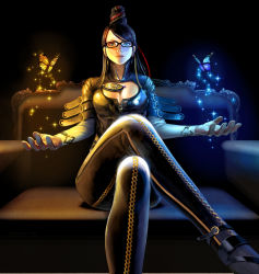 Rule 34 | 1girl, amulet, bayonetta, bayonetta (series), bayonetta 1, black hair, blue eyes, bodysuit, breasts, bug, butterfly, cleavage, cleavage cutout, clothing cutout, couch, crossed legs, earrings, elbow gloves, glasses, gloves, hair bun, hair ribbon, high heels, highres, insect, jewelry, kiharatotsunori, large breasts, lips, long hair, mole, mole under mouth, ribbon, shoes, single hair bun, sitting, smile, solo