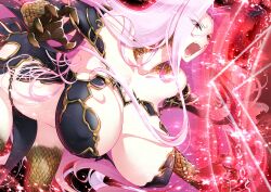 Rule 34 | 1girl, absurdres, bouncing breasts, breasts, bustier, claws, cleavage cutout, clothing cutout, fate/grand order, fate (series), gorgon (fate), haganef, highres, huge breasts, long hair, medusa (fate), monster girl, navel, open mouth, pelvic curtain, purple hair, rider, scales, snake, snake hair, snake tail, solo, tail, unaligned breasts, very long hair