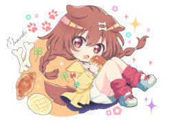 Rule 34 | 1girl, :o, animal collar, animal ears, blue footwear, blush, bone hair ornament, braid, bread, brown eyes, brown hair, cartoon bone, chibi, chibi only, chocolate cornet, collar, commentary request, croissant, dog ears, dog girl, dog tail, double-parted bangs, dress, food, hair between eyes, hair ornament, hairclip, highres, holding, holding food, hololive, inugami korone, inugami korone (1st costume), jacket, long hair, looking at viewer, loose socks, low twin braids, low twintails, melon bread, momone cco, open clothes, open jacket, open mouth, red collar, red socks, shoes, signature, sneakers, socks, solo, surprised, tail, twin braids, twintails, virtual youtuber, white dress, yellow jacket