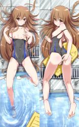 Rule 34 | 10s, 1girl, anus, ass, bad id, bad pixiv id, barefoot, blush, breasts, brown eyes, brown hair, cameltoe, chunyan, cleft of venus, clothing aside, competition swimsuit, covered navel, dakimakura (medium), feet, female focus, flat chest, full body, hair spread out, kickboard, long hair, looking at viewer, lying, multiple views, nipples, on back, on stomach, one-piece swimsuit, ookami-san, ookami ryouko, petite, pool ladder, poolside, pussy, ripples, soles, spread legs, swimsuit, swimsuit aside, thighs, toes, uncensored, water, wet