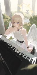 Rule 34 | 1girl, absurdres, angel, angel wings, bare shoulders, bead necklace, beads, belt, black belt, blonde hair, braid, breasts, character request, collarbone, copyright request, dress, halo, highres, instrument, jewelry, kji (rozo), looking at viewer, medium breasts, necklace, outdoors, piano, pillar, purple eyes, single braid, sitting, smile, solo, white dress, white wings, wings, yellow halo