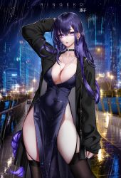 Rule 34 | 1girl, absurdres, alternate costume, bag, black thighhighs, breasts, bridge, choker, cityscape, cleavage, collarbone, contrapposto, covered navel, earrings, garter straps, genshin impact, highres, jacket, jewelry, large breasts, long hair, looking at viewer, necklace, outdoors, parted lips, purple eyes, purple hair, raiden shogun, rain, ringeko-chan, side slit, skindentation, solo, thighhighs, very long hair