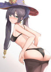 Rule 34 | 1girl, ass, bare shoulders, black hair, black panties, blush, bra, breasts, brown pantyhose, clothes pull, embarrassed, from behind, frown, genshin impact, green eyes, hair ornament, hat, highres, houraku, leaning, leaning forward, long hair, looking at viewer, medium breasts, mona (genshin impact), open mouth, panties, pantyhose, purple hat, shiny skin, sideboob, simple background, solo, twintails, underwear, very long hair, white background