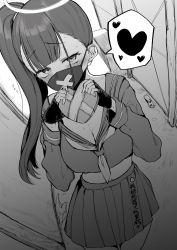 Rule 34 | 1girl, blue archive, blush, box, breasts, cleavage, clothes writing, crop top, delinquent, fingerless gloves, gift, gloves, greyscale, halo, heart, heart-shaped box, highres, holding, holding gift, long hair, long sleeves, looking at viewer, mask, miyoshi (triple luck), monochrome, mouth mask, side ponytail, skirt, solo, spoken heart, sukeban, sukeban (smg) (blue archive), valentine