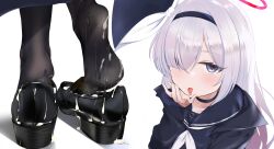 Rule 34 | 1girl, black choker, black footwear, black hairband, black jacket, black pantyhose, blue archive, blue sailor collar, blush, bow, braid, choker, closed mouth, cum, cum in footwear, cum on body, cum on clothes, cum on feet, feet, feet only, female focus, footwear focus, grey eyes, hair bow, hair over one eye, hairband, halo, hand up, highres, jacket, loafers, long hair, looking at viewer, multiple views, neckerchief, one eye covered, pantyhose, parted bangs, pink halo, plana (blue archive), purple hair, sailor collar, school uniform, serafuku, shadow, shoes, simple background, soles, standing, standing on one leg, toes, upper body, variant set, white background, white bow, white neckerchief, ykt scl
