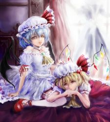 Rule 34 | 2girls, arm ribbon, ascot, bare shoulders, bat wings, blonde hair, blue hair, brooch, choker, curtains, expressionless, eyelashes, flandre scarlet, garter straps, hand on another&#039;s head, hat, hat ribbon, head rest, jewelry, legs up, lips, looking at viewer, lying on person, mob cap, multiple girls, on bed, pointy ears, puffy short sleeves, puffy sleeves, red eyes, remilia scarlet, ribbon, ribbon choker, short hair, short sleeves, siblings, sisters, sitting, skirt, skirt set, slit pupils, thighhighs, touhou, txoxsxhxi, wariza, window, wings