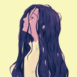 Rule 34 | 1girl, artofyuuken, black hair, closed mouth, collared shirt, eyelashes, highres, isabella (yakusoku no neverland), limited palette, long hair, looking up, messy hair, shirt, signature, simple background, solo, upper body, very long hair, white background, white shirt, yakusoku no neverland