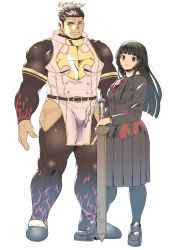 Rule 34 | 1boy, 1girl, bara, black bodysuit, black eyes, black hair, black thighhighs, blunt bangs, bodysuit, closed mouth, collared shirt, facial hair, fire, flame print, flaming halo, full body, halo, highres, hip vent, holding, holding sword, holding weapon, k ei3k, large pectorals, loafers, long hair, magatama, mature male, medium skirt, muscular, muscular male, necktie, pectorals, pelvic curtain, pleated skirt, protagonist 2 (housamo), red necktie, school uniform, shirt, shoes, short hair, sideburns, skirt, smile, spiked hair, stubble, sword, thick thighs, thighhighs, thighs, tokyo houkago summoners, weapon, yellow eyes, zabaniyya (housamo)