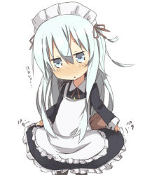 Rule 34 | 10s, 1girl, alternate costume, black pantyhose, blue hair, clothes lift, enmaided, hibiki (kancolle), jewelry, kantai collection, maid, maid headdress, necklace, nonono (mino), pantyhose, personification, ring, ring necklace, silver hair, simple background, skirt, skirt lift, solo, white background