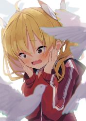 Rule 34 | 1girl, bird, blonde hair, blue archive, blush, dove, hair between eyes, hair ornament, hands on own face, jacket, long sleeves, red jacket, scared, school, school uniform, simple background, solo, twintails, yellow eyes, yoshimi (blue archive), yuki hishaku