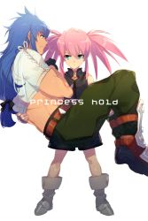 Rule 34 | 1boy, 1girl, blue eyes, blue hair, boots, closed mouth, echo (circa), fingerless gloves, full body, gloves, holding, long hair, muscular, pink hair, presea combatir, regal bryan, simple background, tales of (series), tales of symphonia, twintails, white background
