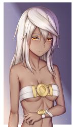 Rule 34 | 1girl, abs, belt bra, breasts, closed mouth, commentary request, dark skin, dark-skinned female, guilty gear, guilty gear xrd, highres, long hair, looking at viewer, muscular, muscular female, orange eyes, ramlethal valentine, simple background, solo, soukitsu, white hair