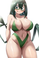 Rule 34 | 1girl, absurdres, adapted costume, asui tsuyu, bare shoulders, bikini, black eyes, blush, boku no hero academia, breasts, closed mouth, collarbone, commentary, cowboy shot, green bikini, green hair, groin, hair between eyes, highleg, highleg bikini, highres, jasony, large breasts, long hair, looking at viewer, navel, simple background, solo, swimsuit, thick thighs, thighs, tongue, tongue out, very long hair, white background