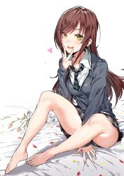 Rule 34 | 1girl, bare legs, barefoot, black necktie, blush, brown hair, cardigan, commentary request, feet, flower, heart, highres, idolmaster, idolmaster shiny colors, long hair, long sleeves, looking at viewer, necktie, open mouth, osaki amana, plaid, plaid skirt, pleated skirt, school uniform, sitting, skirt, sleeves past wrists, smile, solo, striped necktie, striped neckwear, toes, v, vase, yellow eyes, yuran
