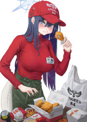 Rule 34 | 1girl, alternate costume, apron, b-pang, bag, baseball cap, blue archive, blue hair, blush, box, breasts, burger, character name, cheek bulge, chicken (food), cola, commentary, dark blue hair, eating, fast food, food, french fries, fried chicken, green apron, hair between eyes, halo, hat, highres, holding, holding food, korean text, large breasts, logo, long hair, long sleeves, looking at viewer, name tag, pants, pepsi, plastic bag, red hat, red sweater, ribbed sweater, saori (blue archive), simple background, solo, straight hair, sweatdrop, sweater, very long hair, waist apron, white background, white pants