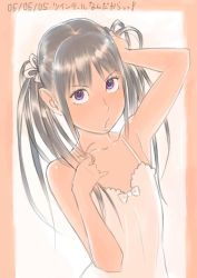 Rule 34 | 1girl, adjusting hair, angry, annoyed, armpits, arms up, black hair, camisole, child, chitose (zenkou), dated, dress, flat chest, long hair, looking at viewer, original, purple eyes, silver hair, simple background, solo, sundress, twintails, white background, zenkou