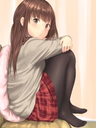 Rule 34 | 1girl, bad id, bad pixiv id, black pantyhose, blush, brown eyes, brown hair, crossed arms, feet, from side, full body, half updo, indoors, knees to chest, legs folded, long hair, long sleeves, looking at viewer, minagiku, no shoes, original, pantyhose, pillow, plaid, plaid skirt, pleated skirt, red skirt, school uniform, sitting, skirt, smile, solo