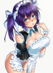 Rule 34 | 1girl, :o, ahoge, apron, bare shoulders, blue bow, blue bowtie, blue eyes, blush, bow, bowtie, breasts, cleavage, clothing cutout, covered erect nipples, detached collar, finger to mouth, frills, hair between eyes, hair bow, keita (tundereyuina), large breasts, leaning forward, lips, maid, maid apron, maid headdress, naked apron, original, parted lips, pinky out, pinky to mouth, puffy short sleeves, puffy sleeves, purple hair, shiny skin, short sleeves, shoulder cutout, side ponytail, simple background, solo, tareme, thighs, white background