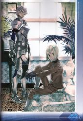 Rule 34 | 2boys, absurdres, armor, artist name, blonde hair, bob cut, brown pants, brown shirt, closed mouth, couch, fate/extra, fate (series), full body, gawain (fate), green eyes, highres, indoors, leonard bistario harway, looking at viewer, male focus, multiple boys, official art, pants, scan, shirt, sitting, smile, standing, sumi hei, window