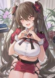 Rule 34 | 1girl, :d, alternate breast size, alternate costume, book, bow, breasts, brown hair, catsmoon, crop top, fang, flower, flower-shaped pupils, flower brooch, genshin impact, hair between eyes, hair bow, hair flower, hair ornament, hands up, heart, heart hands, highres, hu tao (genshin impact), large breasts, long hair, microskirt, navel, open mouth, painting (object), pink flower, pink rose, red eyes, red flower, rose, sidelocks, sitting, skindentation, skirt, smile, solo, symbol-shaped pupils, thighs, twintails, underboob, very long hair, wavy hair